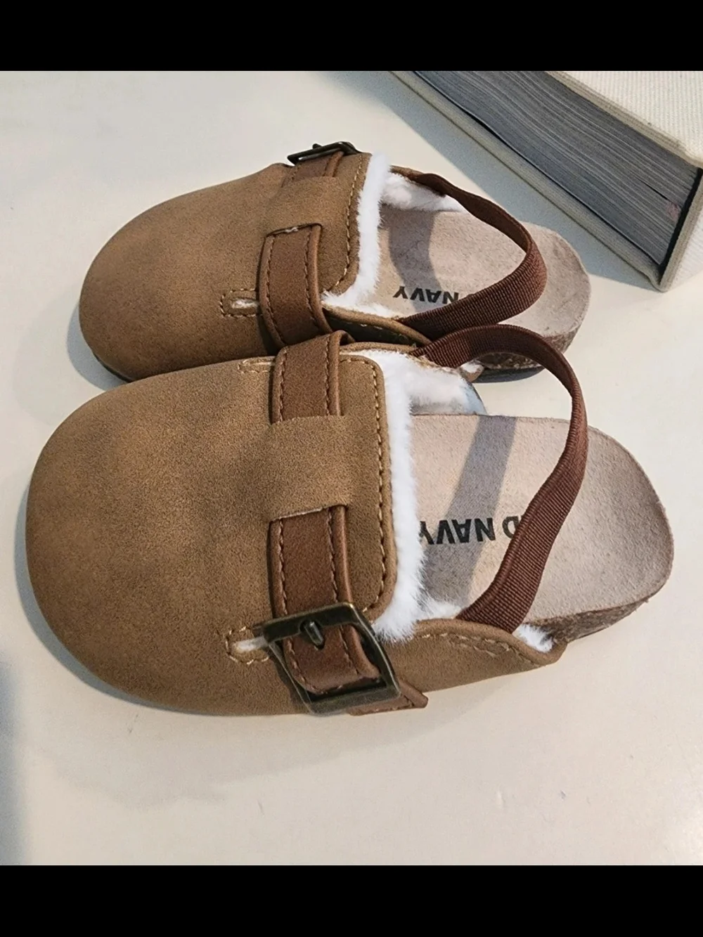 Old Navy Brown Faux-Suede Kids Slip-On Clogs with Buckle and Faux Fur Trim